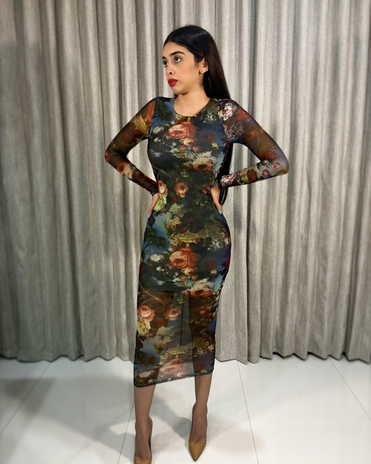 Vestido Mesh Midi Floral